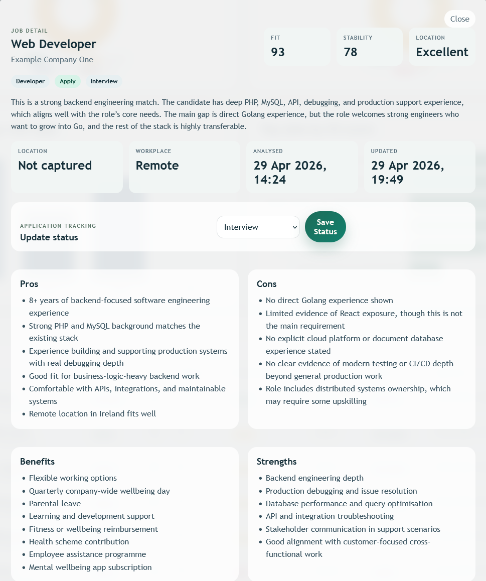 Detailed Job Fit review screen showing scoring, pros, cons, strengths, and application status controls