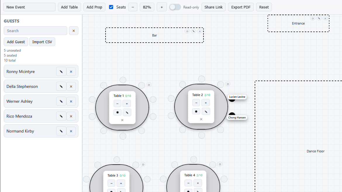 MySeatPlanner seating planner interface showing tables, guests, and venue controls
