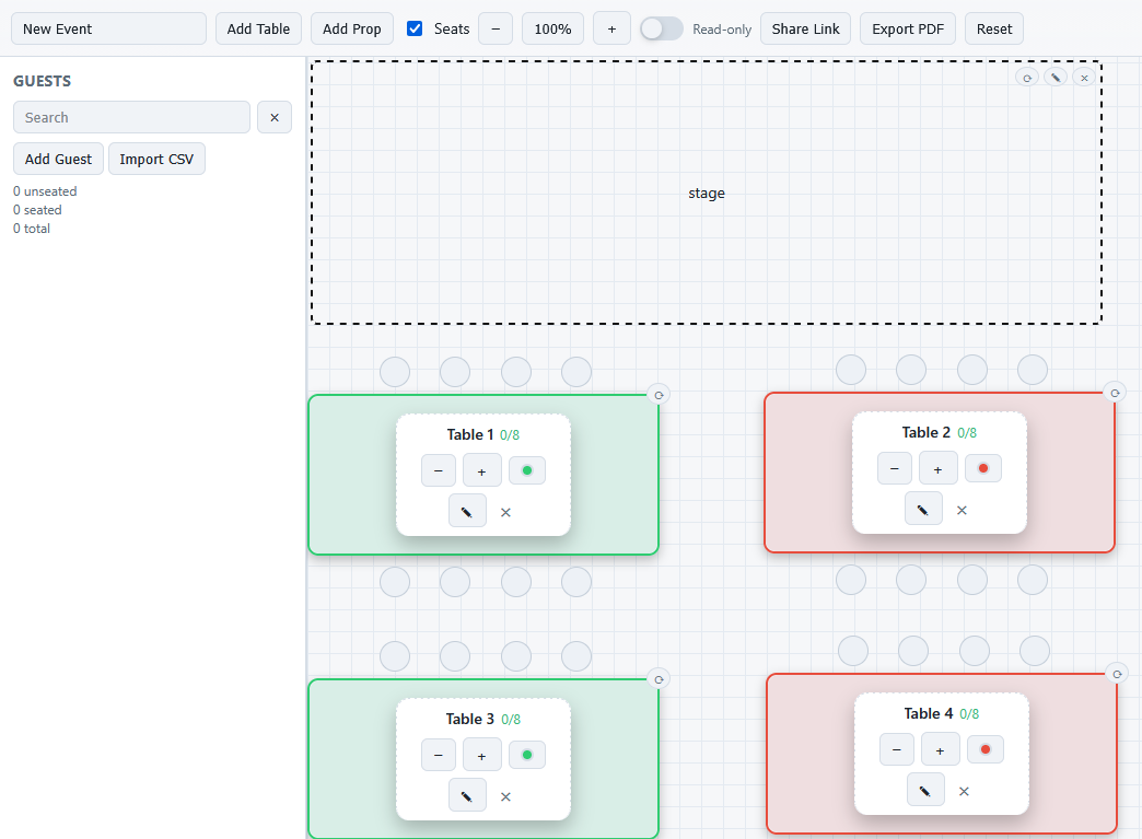 Editable event layout in MySeatPlanner showing grouped table arrangements, venue zones, and zoom controls