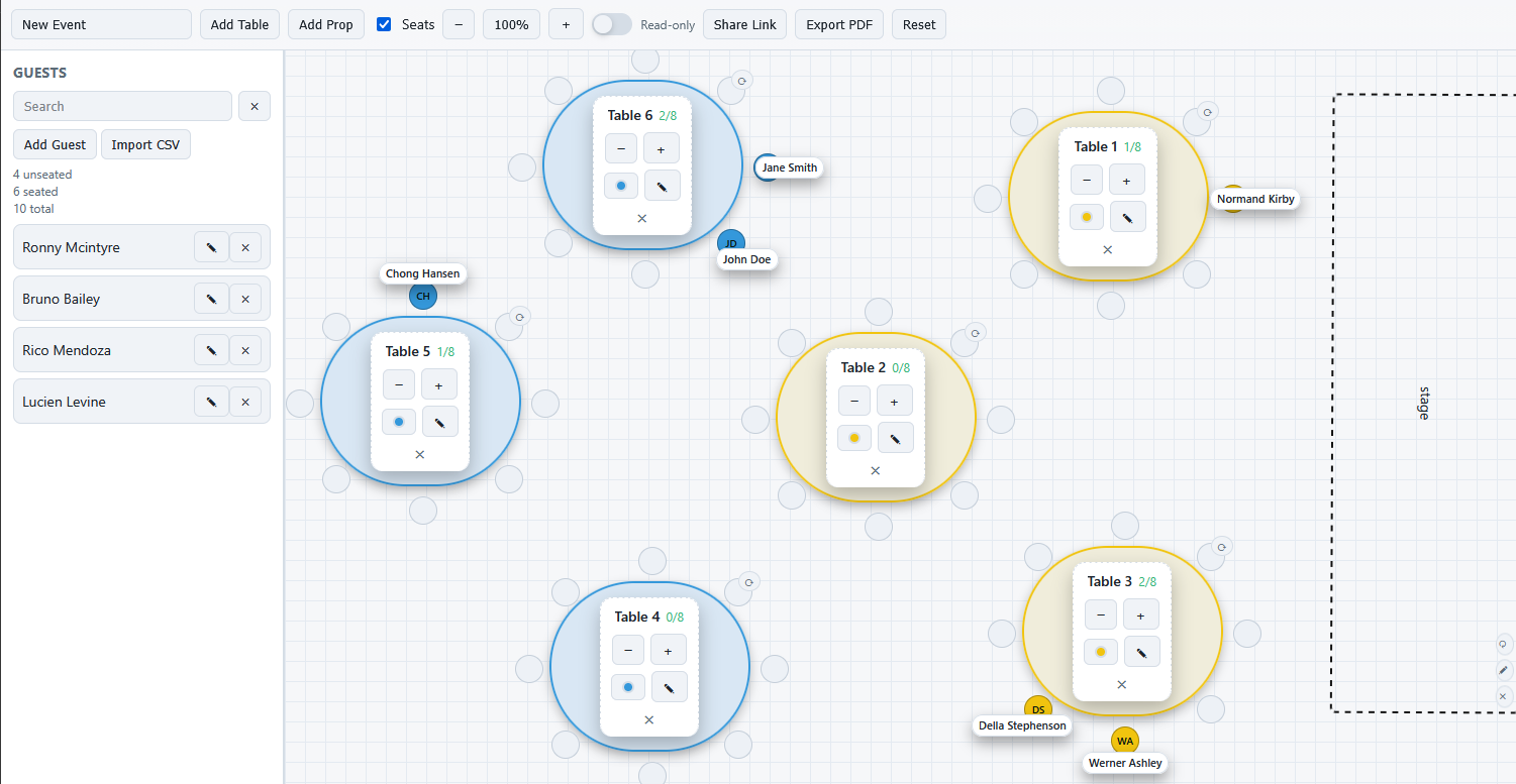Full event layout in MySeatPlanner showing guest management, assigned guests, grouped tables, and venue staging